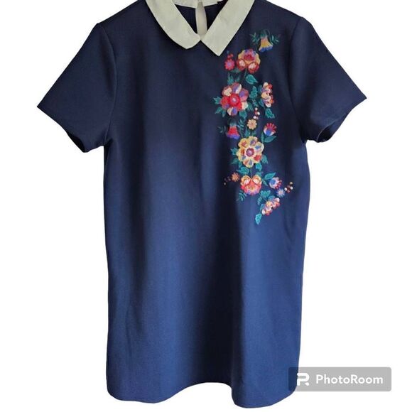 Mine Shirt Dress Mini Shift Embroidered Floral Collar Short Sleeve Navy M - Picture 1 of 6